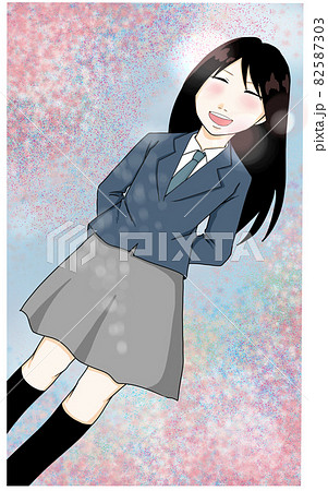 満開の桜の中で微笑む女性のイラストのイラスト素材