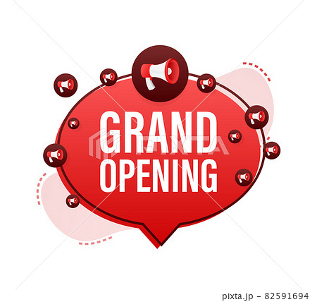Megaphone label with grand opening. Megaphone banner. Web design. Vector stock illustration. 82591694