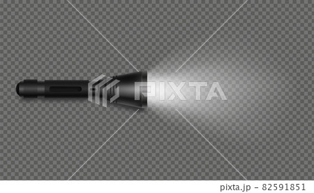 Black flashlight with light on isolated template. Realistic pocket device illuminates surface with beam 82591851