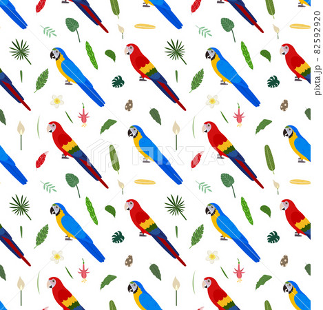 Seamless pattern with macaw parrots red and blue, tropical leaves and flowers. Cute baby print for fabric and textile. Seamless pattern with macaw parrots red and blue, tropical leaves and flowers. Cute baby print for fabric and textile. 82592920