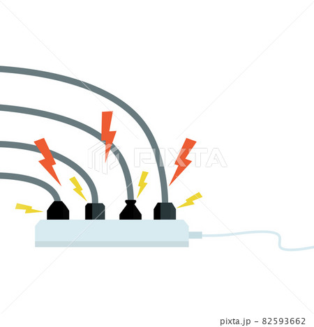 Electrical circuit. Shock, red lightning and yellow sparks from the outlet. 82593662