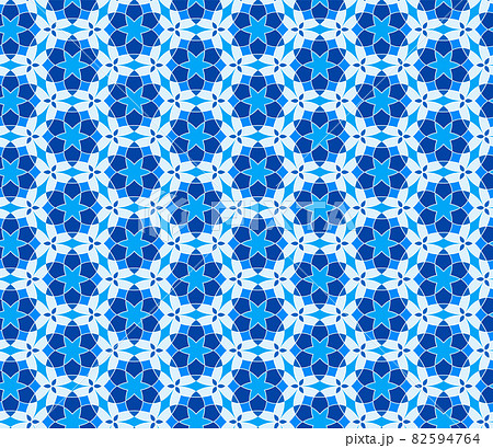 Geometric seamless pattern. Mix blue and white kaleidoscope. Oriental ornament mosaic background. Azulejos tiles.Vector template for invitations, greeting cards, fabric, wallpapers. 82594764