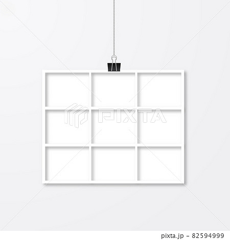 Photo collage vector template. Realistic white paper photo frame hanging with binder clips. Wedding album page layout. Photo collage vector template. Realistic white paper photo frame hanging with binder clips. Wedding album page layout. 82594999