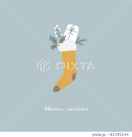 Christmas Scandinavian greeting card, invitation. Knitted Santas socks hanging with fir tree branch, holly berries and gift box. Minimal retro design. Vector illustration background.Warm wishes text. 82595244