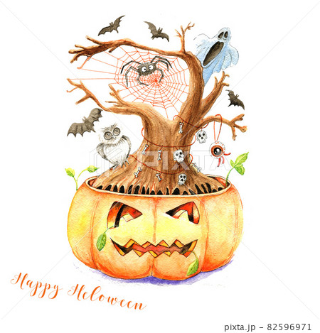 Watercolor halloween card - horror tree growing from pumpkin. Watercolor halloween card - horror tree growing from pumpkin. 82596971