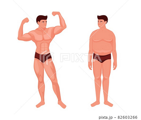 Athletic and fat man. Muscular athlete poses with pumped muscles and sad fat guy Athletic and fat man. Muscular athlete poses with pumped muscles and sad fat guy 82603266
