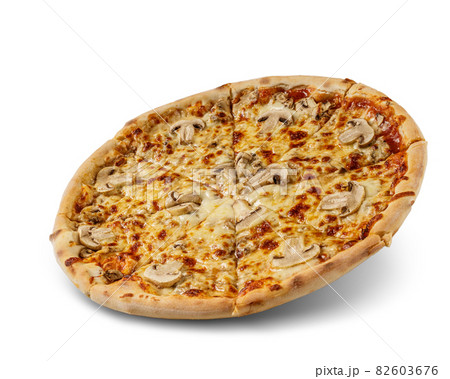 Pizza with cheese and tomato sauce isolated on white background. fresh mushroom topping. 82603676