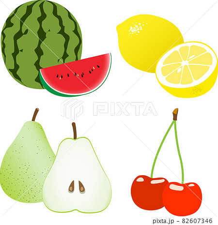 シンプルなスイカ レモン 洋梨 さくらんぼのイラストのイラスト素材