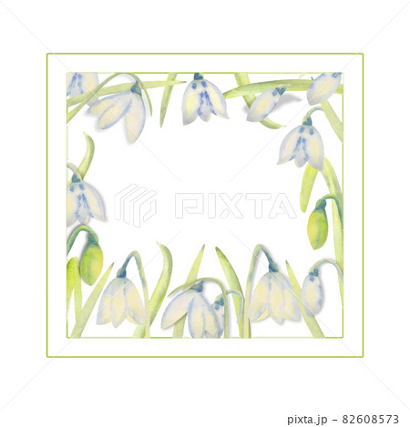 Romantic spring frame with snowdrops on the outside edge on a white isolated background. Watercolor painting. Romantic spring frame with snowdrops on the outside edge on a white isolated background. Watercolor painting. 82608573