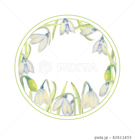 Romantic spring frame with snowdrops on the inner edge on a white isolated background. Watercolor illustration. Romantic spring frame with snowdrops on the inner edge on a white isolated background. Watercolor illustration. 82611655