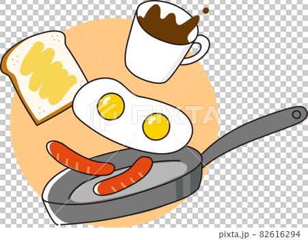 目玉焼きとウインナーとトーストとコーヒーの朝ごはん　フライパンで楽しく料理をするイメージのイラスト 82616294