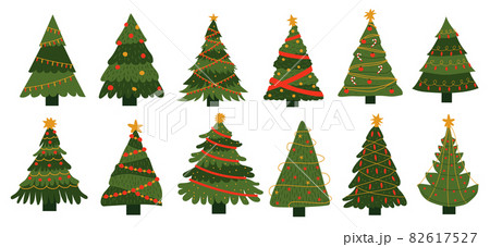 New Year tree. Doodle Xmas celebration decorative elements. Christmas fir sketches collection. Colorful templates for holidays greeting cards. Vector green spruces set with garlands 82617527