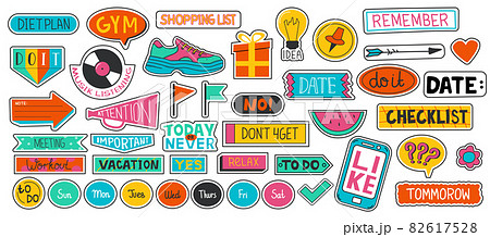 Planner sticker. Cute scrapbook and diary doodle labels. Calendar and agenda notebook badges collection. Bright reminders templates. Logo typography design. Vector organizer tags set Planner sticker. Cute scrapbook and diary doodle labels. Calendar and agenda notebook badges collection. Bright reminders templates. Logo typography design. Vector organizer tags set 82617528