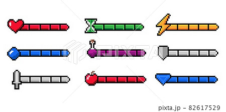 Arcade game progress bar. 8-bit indicators of health and stamina, money or energy. Gaming experience infographic. Weapon measurement. Life level charts. Vector interface pixel elements set Arcade game progress bar. 8-bit indicators of health and stamina, money or energy. Gaming experience infographic. Weapon measurement. Life level charts. Vector interface pixel elements set 82617529