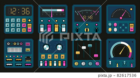 Control panels. Retro PC and radio dashboard with switches and buttons. Connection ports, tuners and dials. Computer interface templates. Electric device UI elements. Vector boards set Control panels. Retro PC and radio dashboard with switches and buttons. Connection ports, tuners and dials. Computer interface templates. Electric device UI elements. Vector boards set 82617536