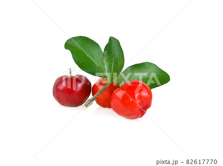 Acerola small cherry fruit with leaf isolated on white background. Acerola small cherry fruit with leaf isolated on white background. 82617770