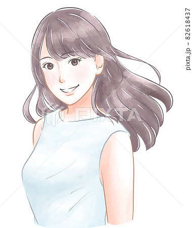 風に揺れるロングヘアの笑顔の女性 水彩風のイラスト素材 [82618437