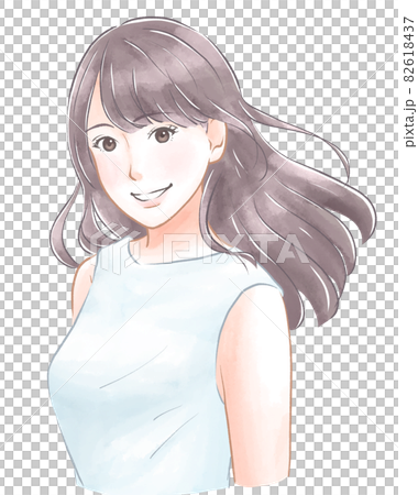 風に揺れるロングヘアの笑顔の女性 水彩風のイラスト素材 [82618437