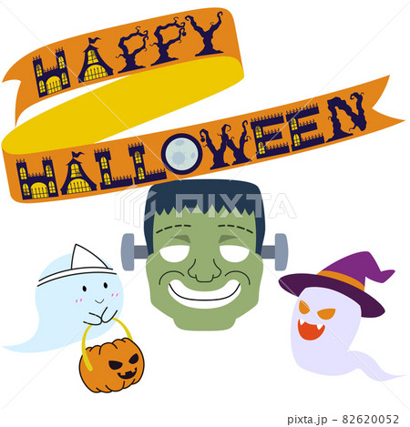 ハロウィンのロゴとフランケンシュタインとゴーストのイラストのイラスト素材 6052