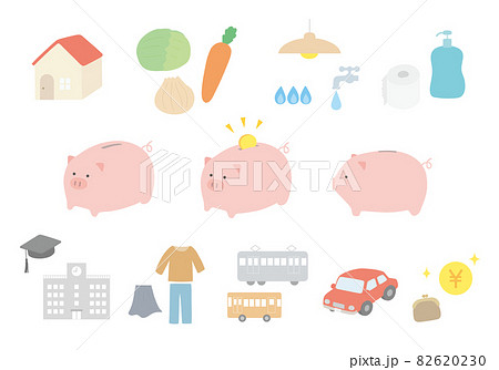 豚の貯金箱と家計簿の項目イラストいろいろ 家賃など のイラスト素材 6230