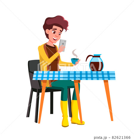 Girl Teen Using Smartphone During Breakfast Vector Girl Teen Using Smartphone During Breakfast Vector 82621366