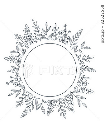 花のデザインフレーム 線画のイラスト 白の背景にネイビーのイラスト素材