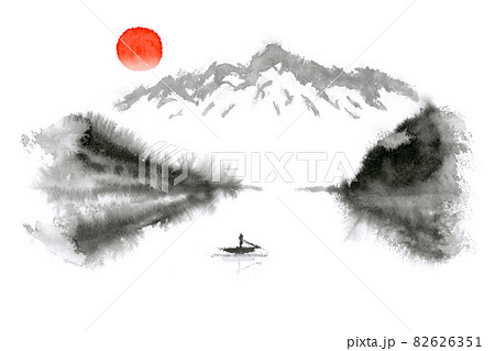 墨絵 風景 水墨 正月 背景のイラスト素材 [82626351] - PIXTA