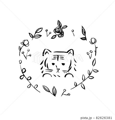 草花に囲まれたトラ モノクロのイラスト素材