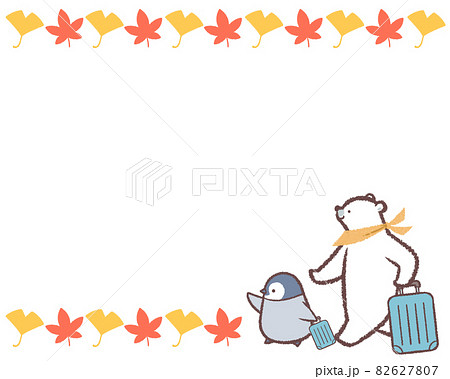 ペンギンヒナとシロクマと秋の葉のフレーム 82627807