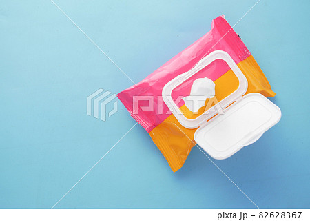 Cleansing wet wipes on table with copy space  82628367