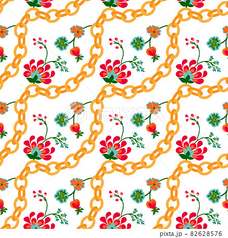 Floral folk pattern with golden chains. Chic small flower pattern design on a white background 82628576