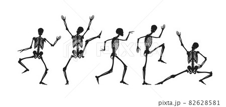Dancing and running black silhouettes of skeletons. 82628581