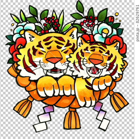 兩隻老虎的手繪新年賀卡材料，透明背景，適合家庭、情侶、情侶、父母和孩子、朋友 82629761