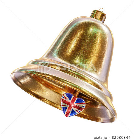 Realistic 3D illustration of the fancy golden textured Christmas bell with the United Kingdom of Great Britain and Northern Ireland national flag bell clapper isolated on white Realistic 3D illustration of the fancy golden textured Christmas bell with the United Kingdom of Great Britain and Northern Ireland national flag bell clapper isolated on white 82630344