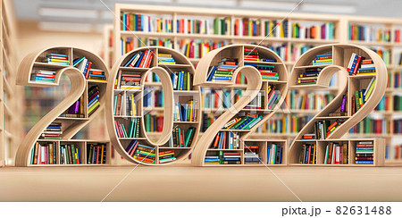 2022 new year education concept. Bookshelves with books in the form of text 2022 in library. 82631488