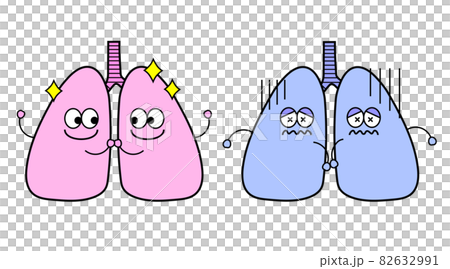 肺のシンプルでかわいいキャラクターイラスト。健康なものと不健康なもの。 肺のシンプルでかわいいキャラクターイラスト。健康なものと不健康なもの。 82632991