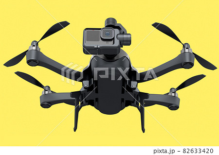 Flying photo and video drone or quad copter with action camera on yellow Flying photo and video drone or quad copter with action camera on yellow 82633420
