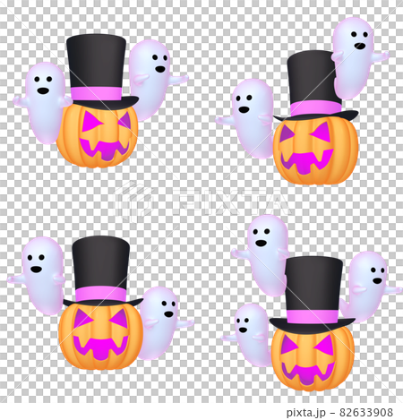 ハロウィンのイラスト素材 シルクハットのカボチャと小さなオバケたち(2) カット四点セット ハロウィンのイラスト素材 シルクハットのカボチャと小さなオバケたち(2) カット四点セット 82633908