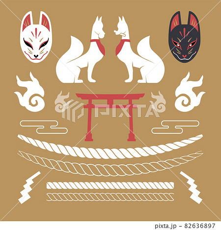 稲荷神社のおいなりさんの狐、狐面、狐火、標縄、紙垂のセットの