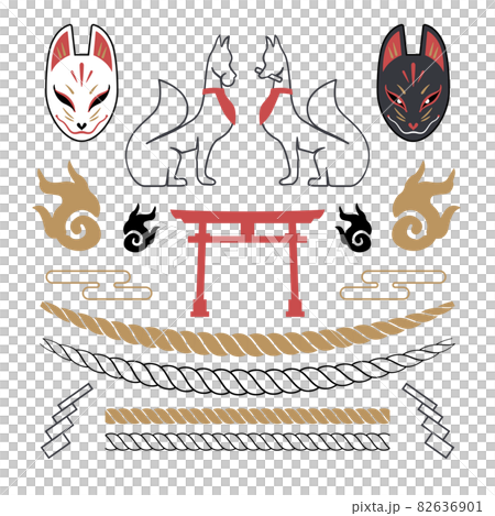 稻荷神社稻荷桑的狐狸、狐狸臉、狐狸火、繩子和紙皮套 82636901