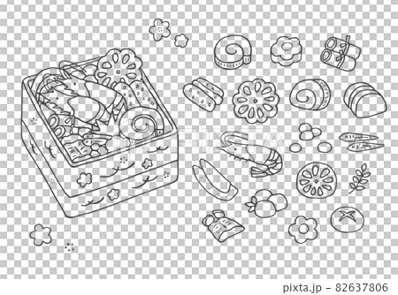 おせち料理の手描きイラストセット 重箱入り（モノクロ線画） 82637806