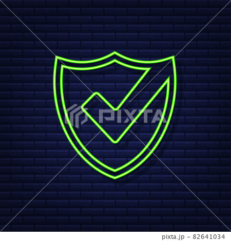 Checkmark. Green approved sticker. Neon style. Vector illustration. 82641034