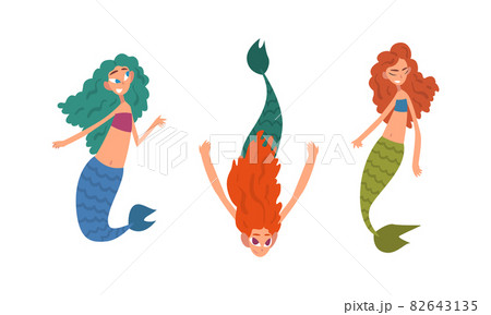Mermaid or Seamaid with Lush Hair Floating Underwater Vector Set Mermaid or Seamaid with Lush Hair Floating Underwater Vector Set 82643135