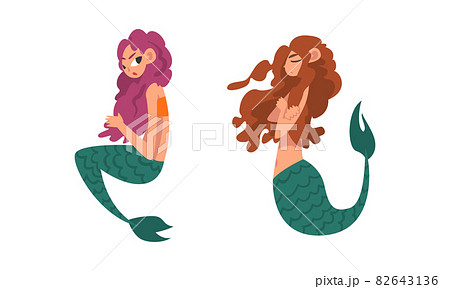 Mermaid or Seamaid with Lush Hair Floating Underwater Vector Set Mermaid or Seamaid with Lush Hair Floating Underwater Vector Set 82643136