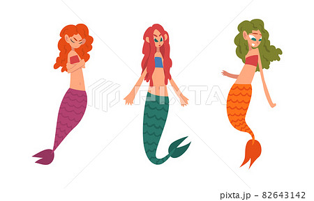 Mermaid or Seamaid with Lush Hair Floating Underwater Vector Set 82643142