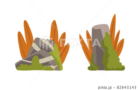 Solid Stone or Boulder Covered with Moss Vector Set 82643143