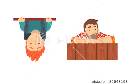 Teen Boy with Backpack and Bearded Man Looking Out From Fence and Wall Corner Vector Set 82643193