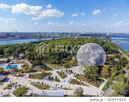 Aerial view of Montreal Biosphere in summer sunny day. Jean-Drapeau park, Saint Helens Island. A museum dedicated to the environment. 82645924