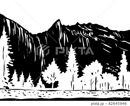 WPA monochrome Bridalveil Fall in Yosemite National Park in Yosemite Valley California USA Grayscale Black and White WPA monochrome Bridalveil Fall in Yosemite National Park in Yosemite Valley California USA Grayscale Black and White 82645946