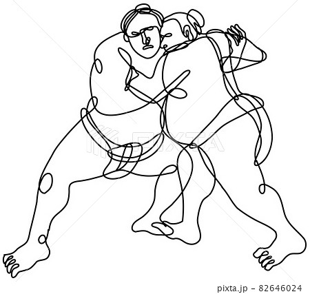 Two Japanese Sumo Wrestler or Rikishi Wrestling Continuous Line Drawing 82646024